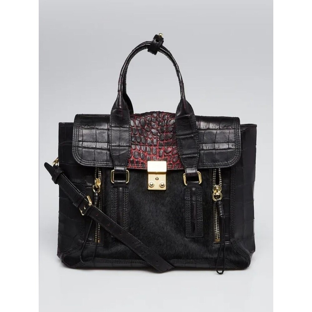 3.1 Phillip Lim Black Calf Hair Red Croc Embossed Leather Pashli Satchel Medium